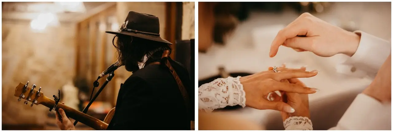 Tom & Josslyn at Emirates One&Only Wolgan Valley: A musician performs and hands exchange wedding rings.