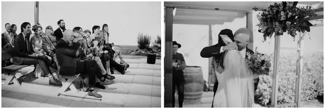 Luke & Cara at Cowbell Creek: Black and white photographs of guests and the ceremony indoors.