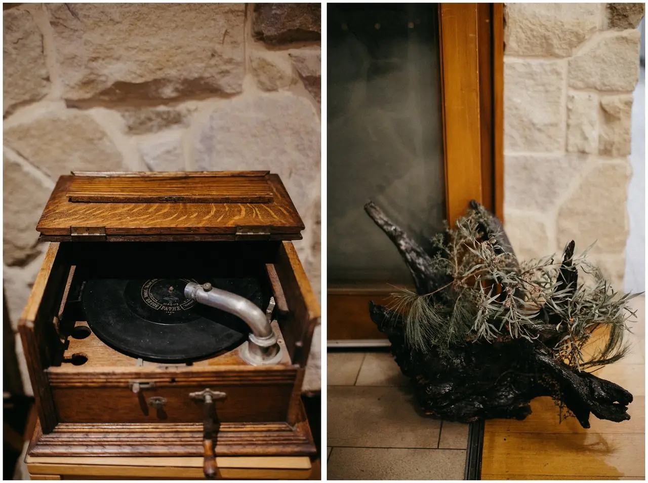 Tom & Josslyn at Emirates One&Only Wolgan Valley: A record player and floral decorations inside the reception venue.